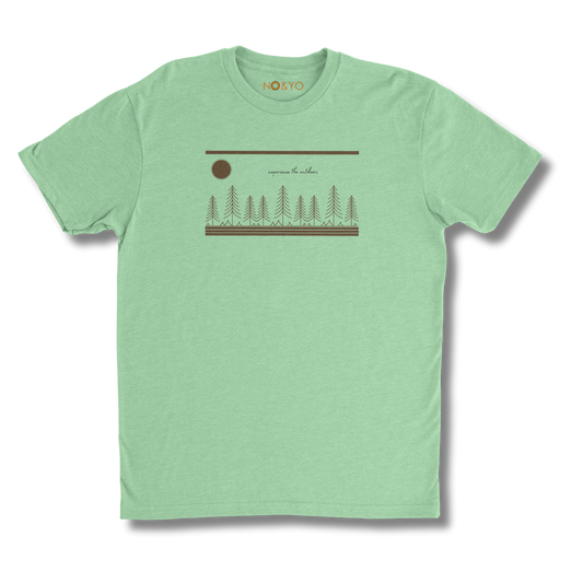 Front view of NO&YO green "Experience the Wilderness" graphic tee with nature print