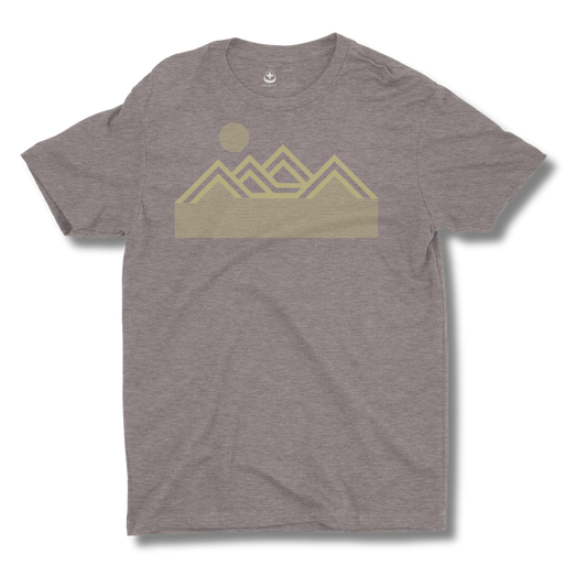 Front view of NO&YO brown mountain graphic tee with modern minimalist design.