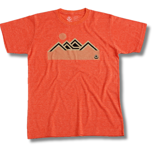 Front view of NO&YO orange mountain graphic tee with minimalist sun and peak design.