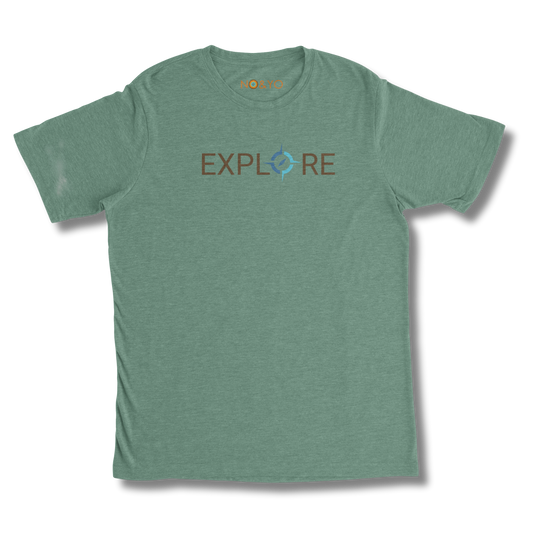 Front view of NO&YO "Explore" graphic tee in heather green, adventure style.