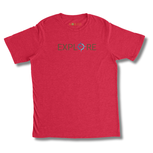 Front view of NO&YO "Explore" graphic tee in bold red, outdoor style.