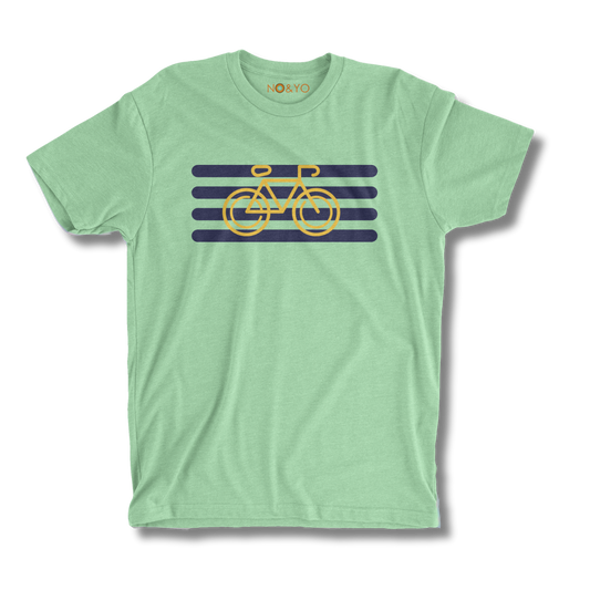 Front view of NO&YO Apple green cyclist graphic tee with yellow bike and navy stripes design.