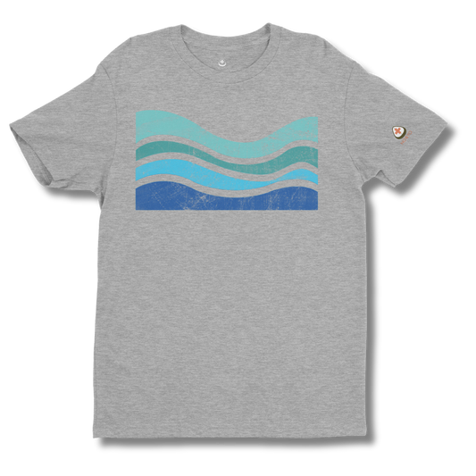 Front view of gray NO&YO men’s vintage wave surf graphic t-shirt with retro ocean wave design
