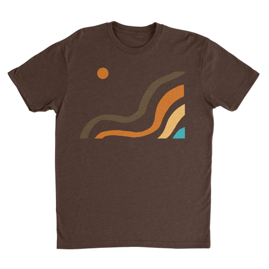 NO&YO Canyon Flow Tee in brown featuring minimalist canyon-inspired artwork on a premium men’s outdoor lifestyle t-shirt, front view.