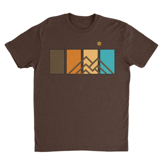 Brown Ridgeline Tee men’s premium mountain graphic t-shirt featuring geometric mountain and color panel artwork.