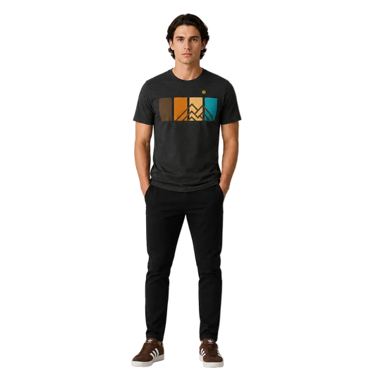 Men’s Ridgeline Tee premium black mountain graphic t-shirt featuring retro color panel mountain design worn by male model in studio.