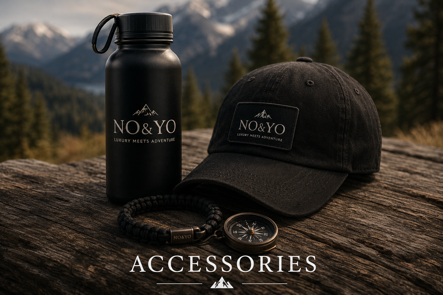 Premium NO&YO outdoor accessories including a black insulated water bottle, adventure cap, compass, and bracelet displayed on rustic wood with mountain scenery in the background.