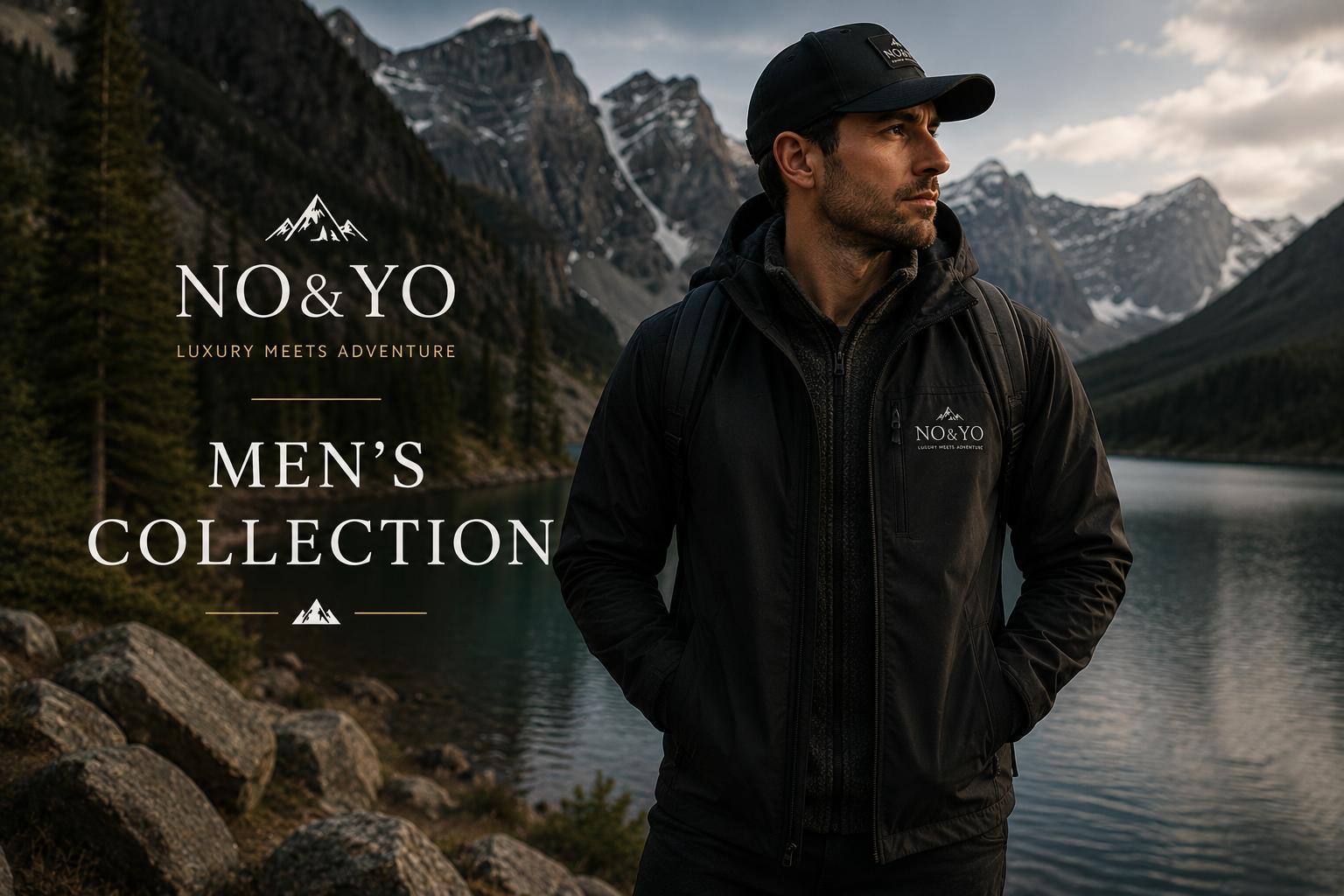 Stylish man wearing premium NO&YO outdoor apparel beside a mountain lake surrounded by rugged alpine scenery and dramatic natural light.