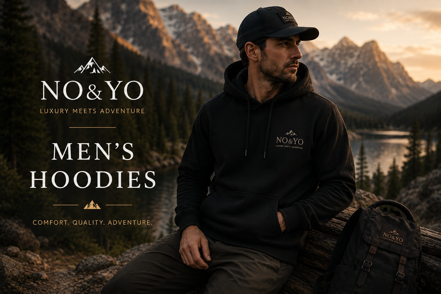 Male model wearing a black NO&YO hoodie in a scenic mountain wilderness overlooking a calm alpine lake during golden hour.