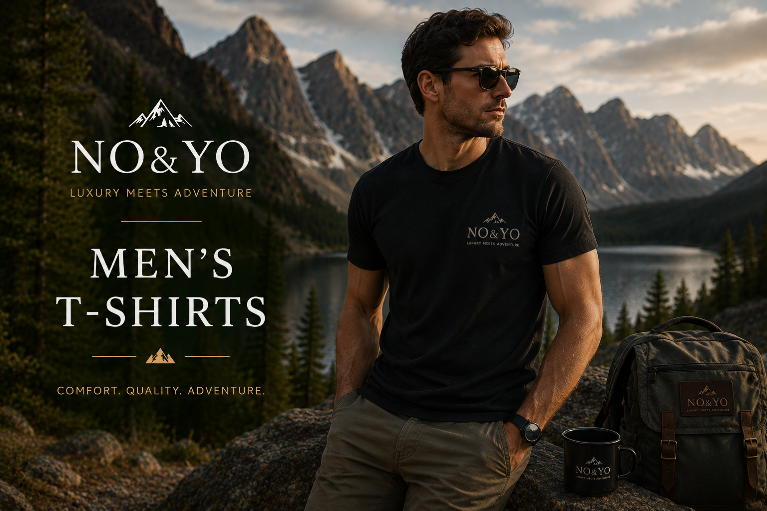 Man wearing a black NO&YO t-shirt in a rugged mountain landscape with outdoor backpack and coffee mug near a serene lake.