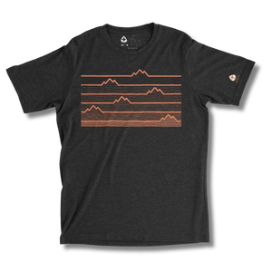 Black t-shirt with mountain graphic hearbeat on a heather black background