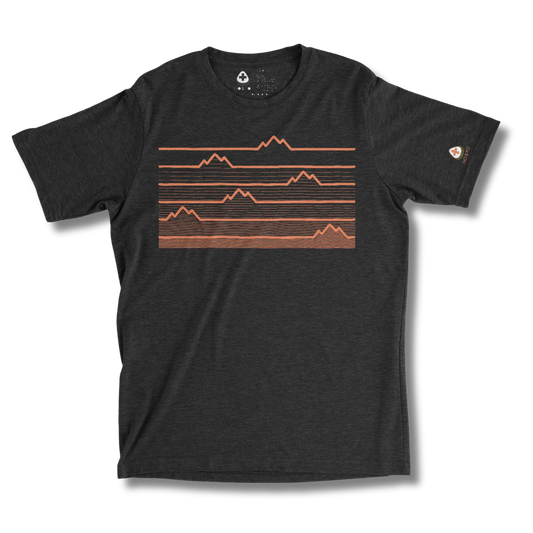 Black t-shirt with mountain graphic hearbeat on a heather black background