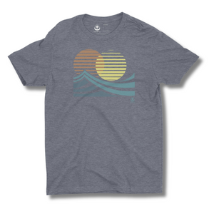 Gray t-shirt with a sun and wave design on a white background