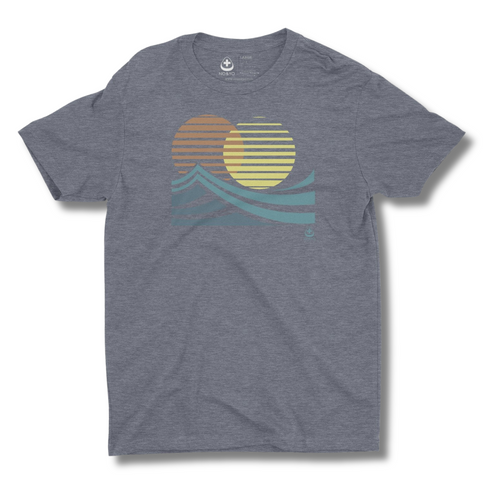 Gray t-shirt with a sun and wave design on a white background
