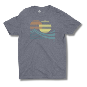 Gray t-shirt with a sun and wave design on a white background