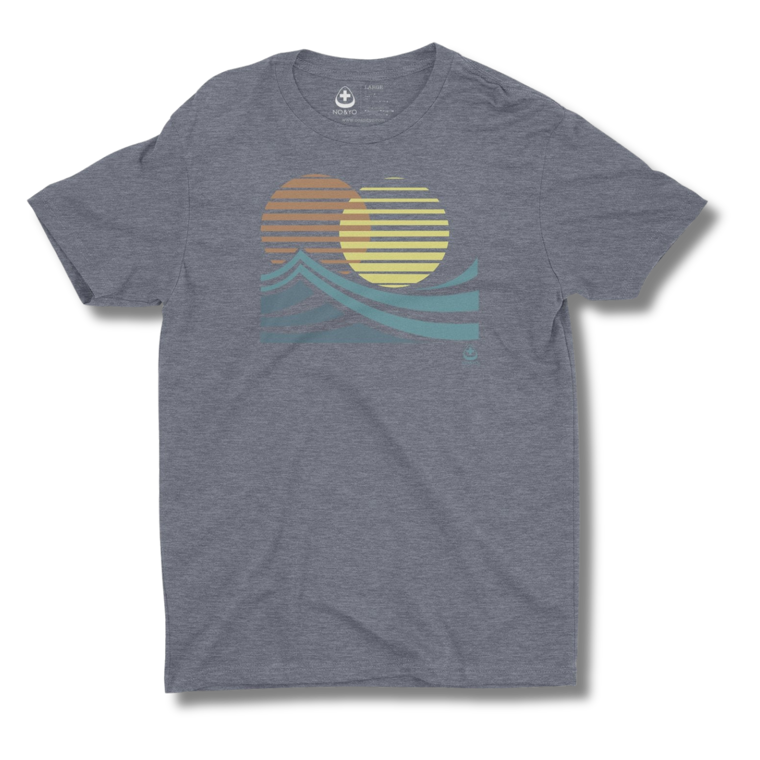 Gray t-shirt with a sun and wave design on a white background