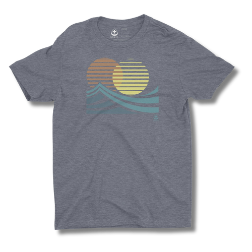 Gray t-shirt with a sun and wave design on a white background