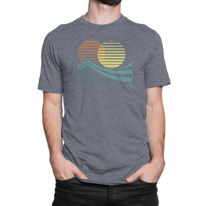 Elevate your adventure style with NO&YO’s Twin Sun Surf Graphic Tee in heather navy. A premium cotton blend shirt featuring a bold twin-sun design inspired by surf and travel.