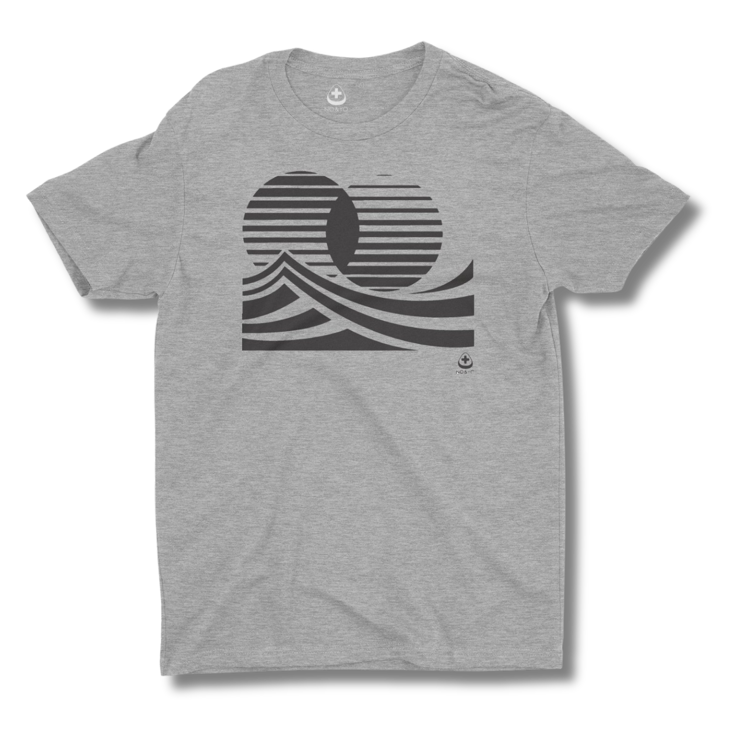 Gray t-shirt with a twin sun graphic design on a gray background