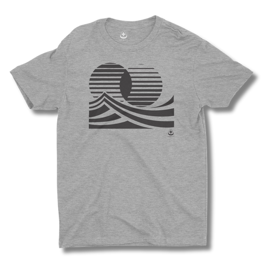 Gray t-shirt with a twin sun graphic design on a gray background