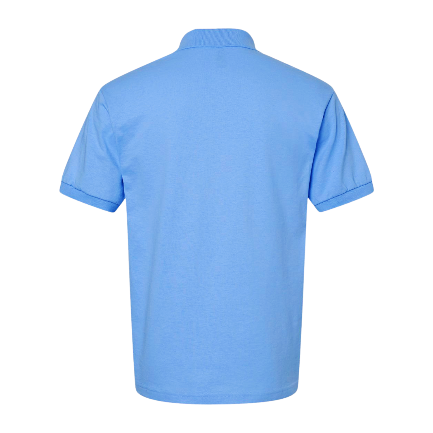 Back view of NO&YO light blue polo shirt with embroidered chest logo, premium cotton for luxury outdoor and city style.