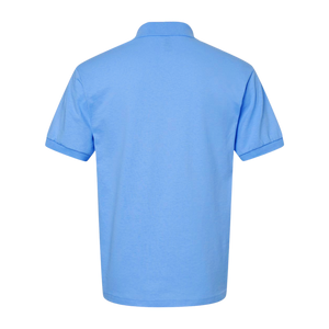 Back view of NO&YO light blue polo shirt with embroidered chest logo, premium cotton for luxury outdoor and city style.
