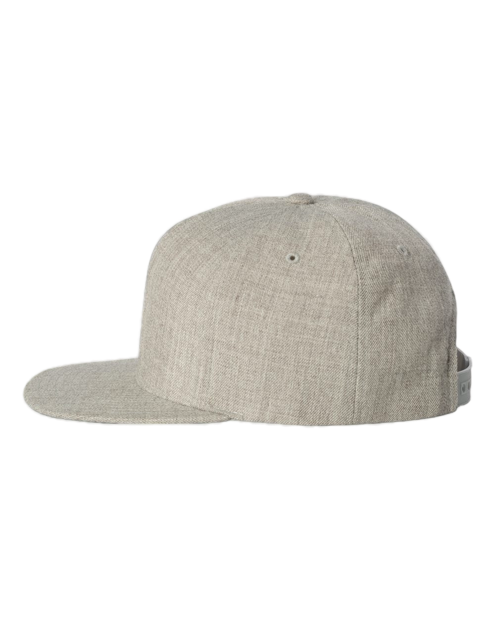 Heather grey NO&YO snapback hat with flat bill and breathable fabric, adjustable strapback — side profile.