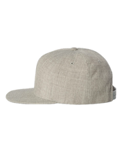 Load image into Gallery viewer, Heather grey NO&amp;YO snapback hat with flat bill and breathable fabric, adjustable strapback — side profile.
