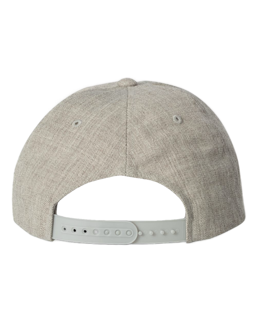 Heather grey NO&YO snapback hat with adjustable plastic strap, flat bill design, and classic fit — back view.