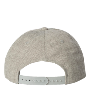 Heather grey NO&YO snapback hat with adjustable plastic strap, flat bill design, and classic fit — back view.