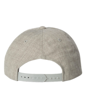 Load image into Gallery viewer, Heather grey NO&amp;YO snapback hat with adjustable plastic strap, flat bill design, and classic fit — back view.
