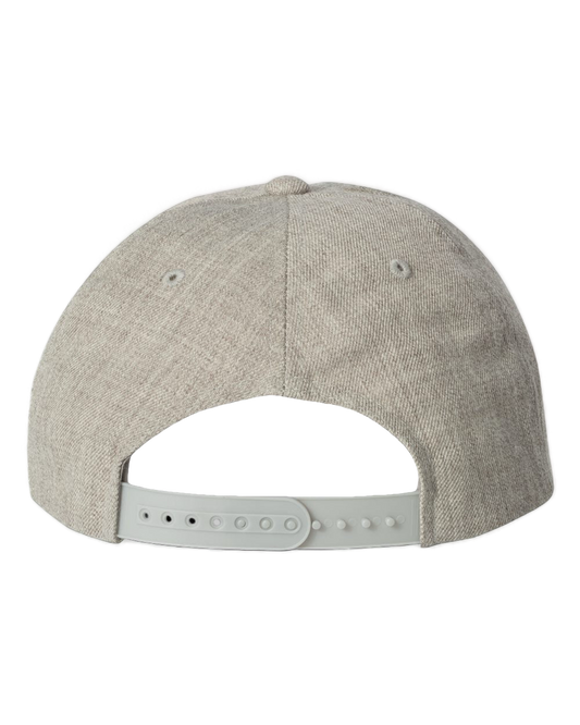 Heather grey NO&YO snapback hat with adjustable plastic strap, flat bill design, and classic fit — back view.