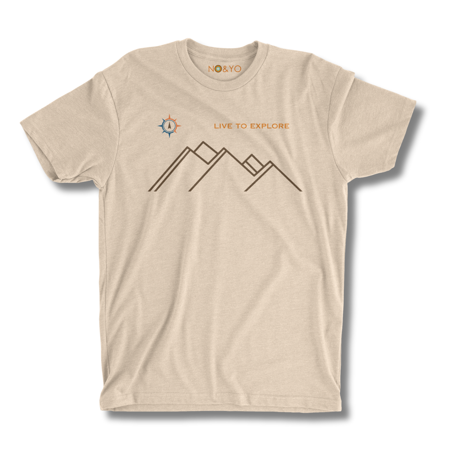 Beige t-shirt with mountain design and 'Live to Explore' text on a beige background