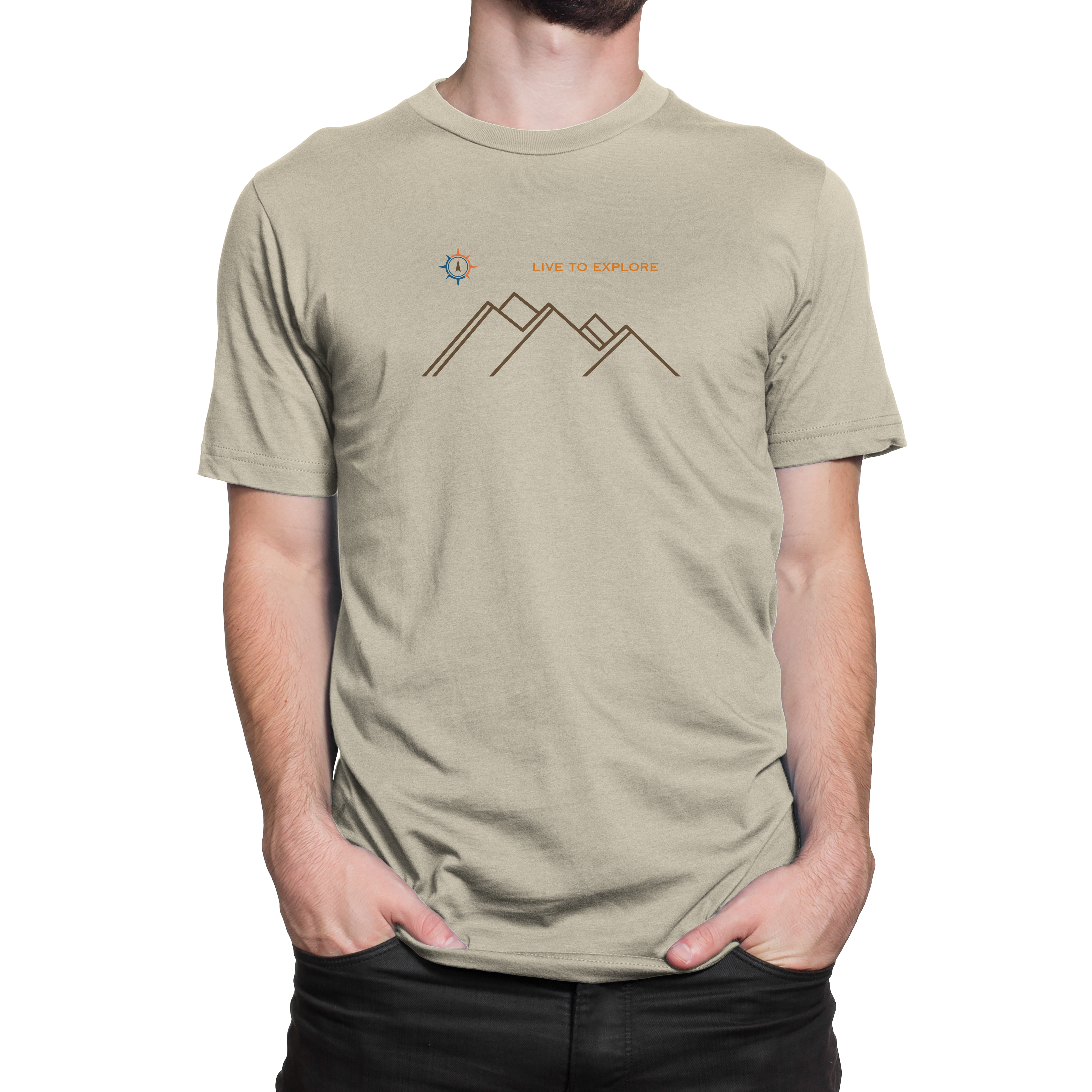 Male model wearing NO&YO “Live to Explore” natural tan t-shirt with minimalist mountain and compass design.