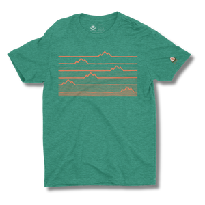 Green t-shirt with mountain heartbeat graphic on a green background