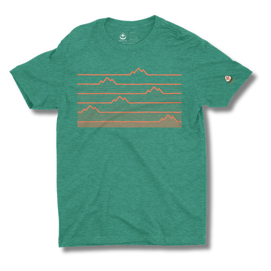 Green t-shirt with mountain heartbeat graphic on a green background