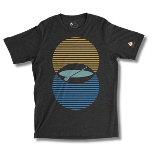 Black t-shirt with a graphic design of a paddle board on a striped background