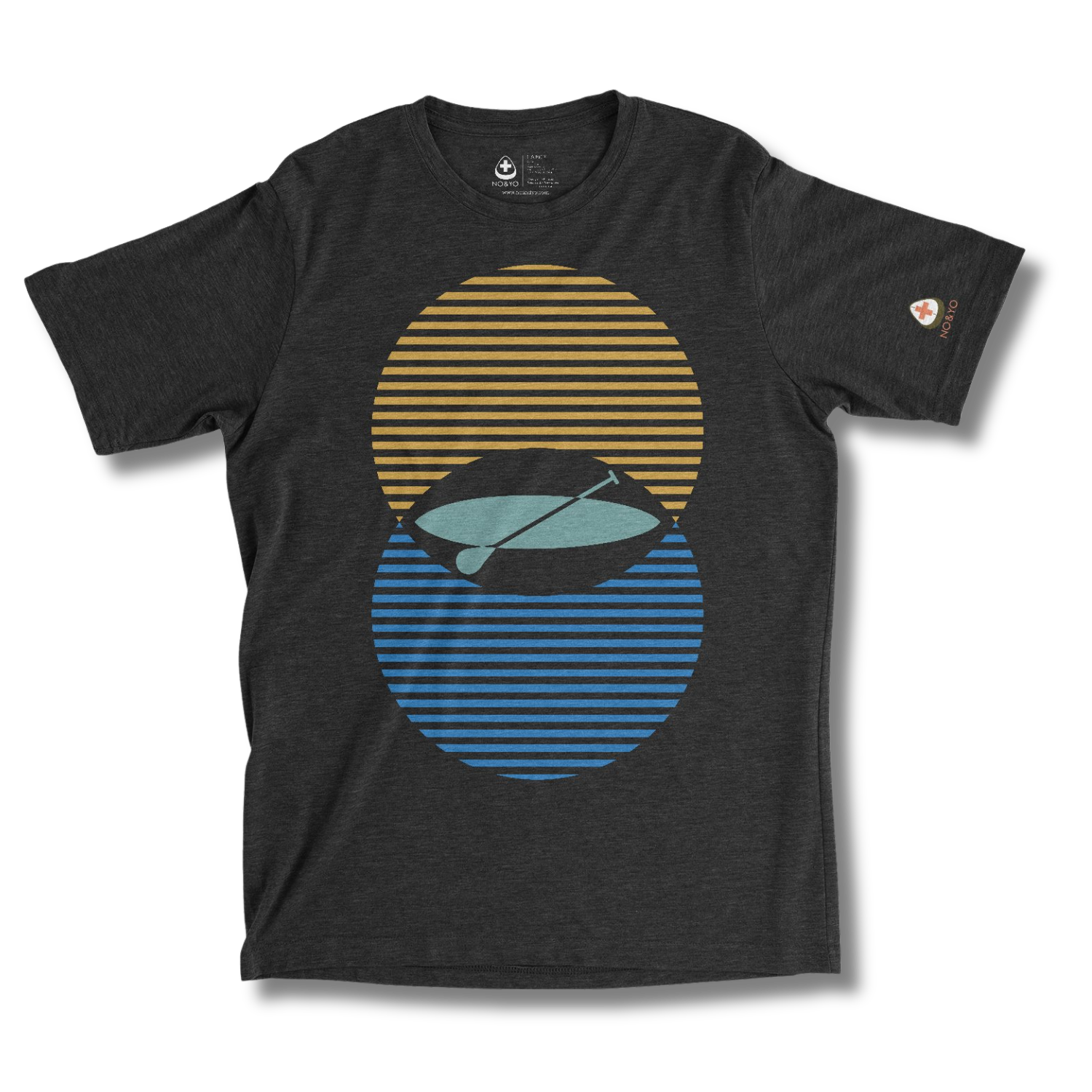 Black t-shirt with a graphic design of a paddle board on a striped background