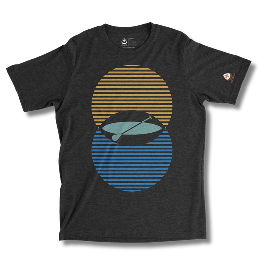 Black t-shirt with a graphic design of a paddle board on a striped background