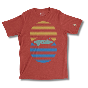 Red t-shirt with a graphic design of a sun, moon, and paddleboard on a white background