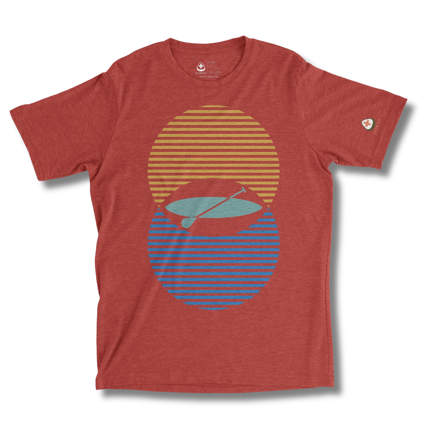 Red t-shirt with a graphic design of a sun, moon, and paddleboard on a white background