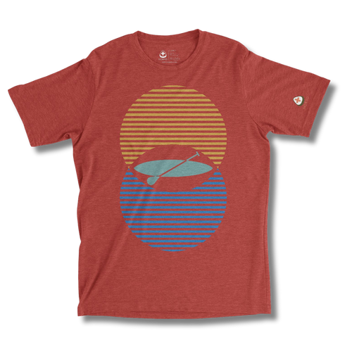 Red t-shirt with a graphic design of a sun, moon, and paddleboard on a white background