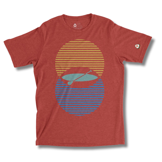 Red t-shirt with a graphic design of a sun, moon, and paddleboard on a white background