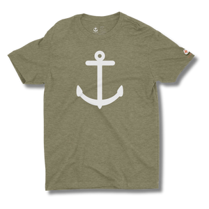 Green t-shirt with a white anchor design on a white background