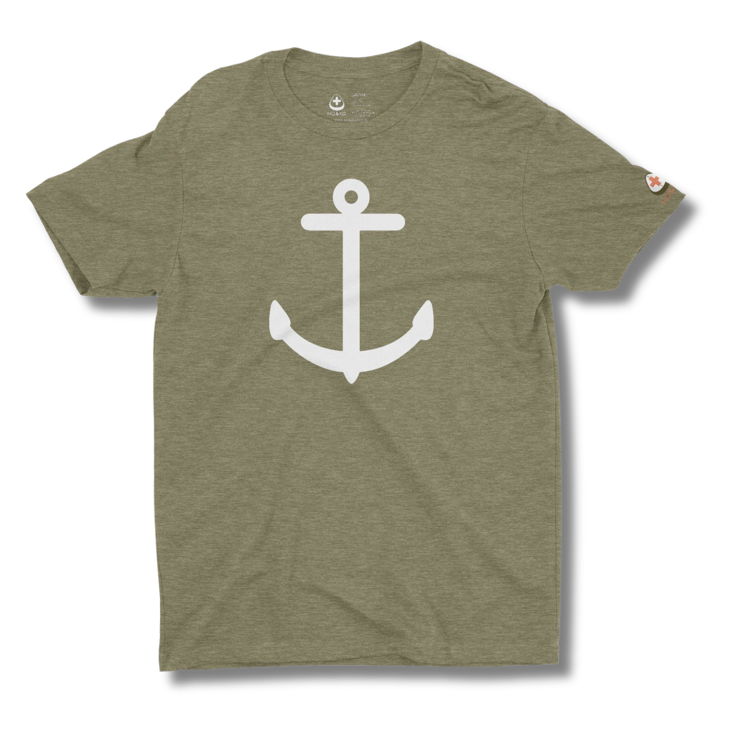 Green t-shirt with a white anchor design on a white background