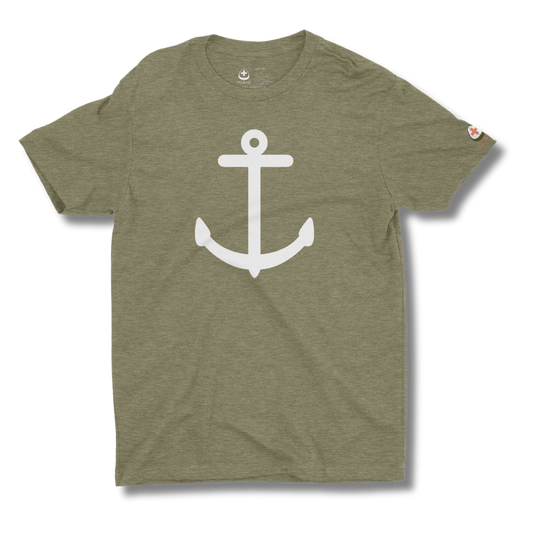 Green t-shirt with a white anchor design on a white background