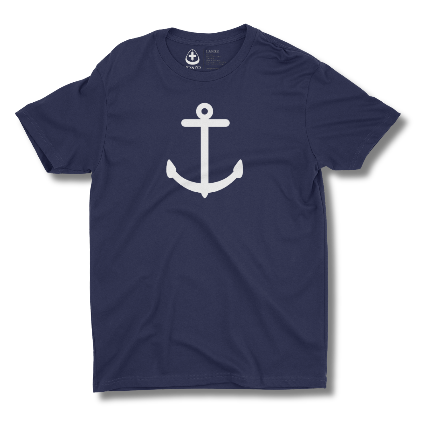 Navy blue t-shirt with a white anchor graphic on a white background