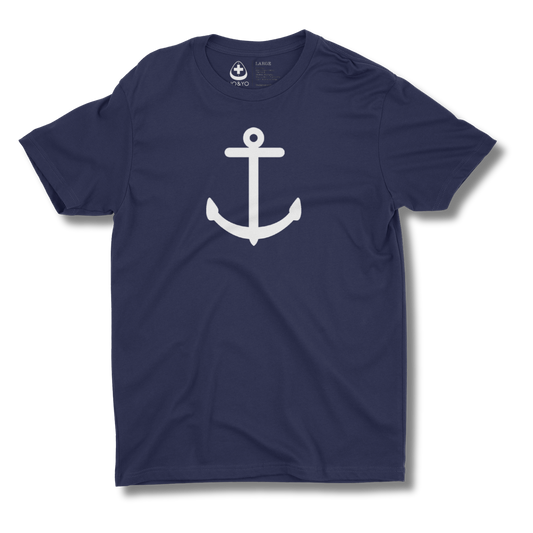 Navy blue t-shirt with a white anchor graphic on a white background