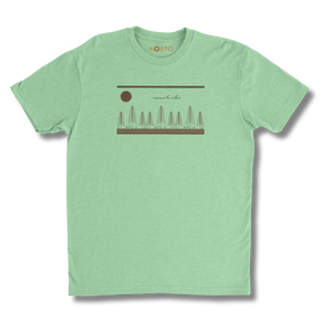 Green t-shirt with a nature-themed graphic on a white background
