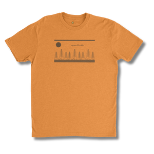 Orange t-shirt with a graphic design on a white background